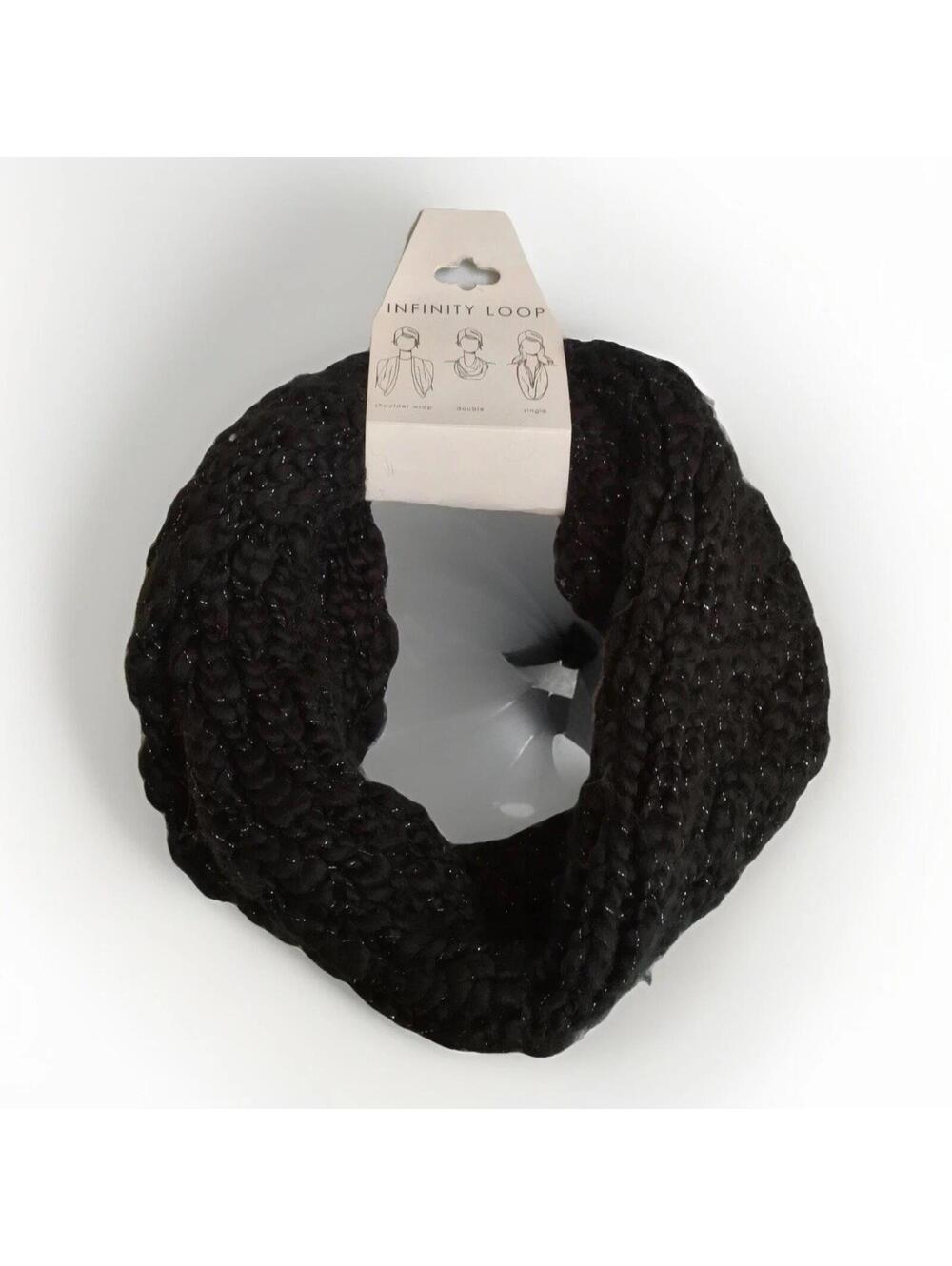NWT VERA Black Silver Metallic Infinity Loop Knit Scarf One Size OS